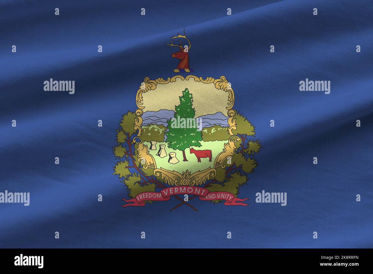 Vermont bandiera dello stato degli Stati Uniti con grandi pieghe che ondeggiano da vicino sotto la luce studio al coperto. I simboli e i colori ufficiali in tessuto banner Foto Stock