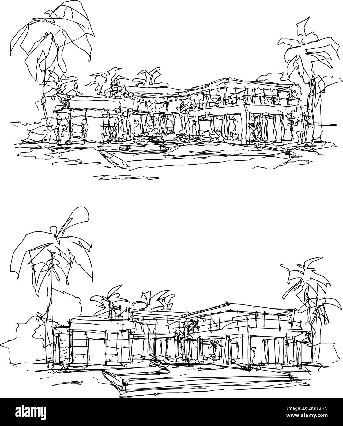 due disegni architettonici disegnati a mano di bella casa indipendente di lusso in un resort tropicale con piscina e palme intorno Foto Stock