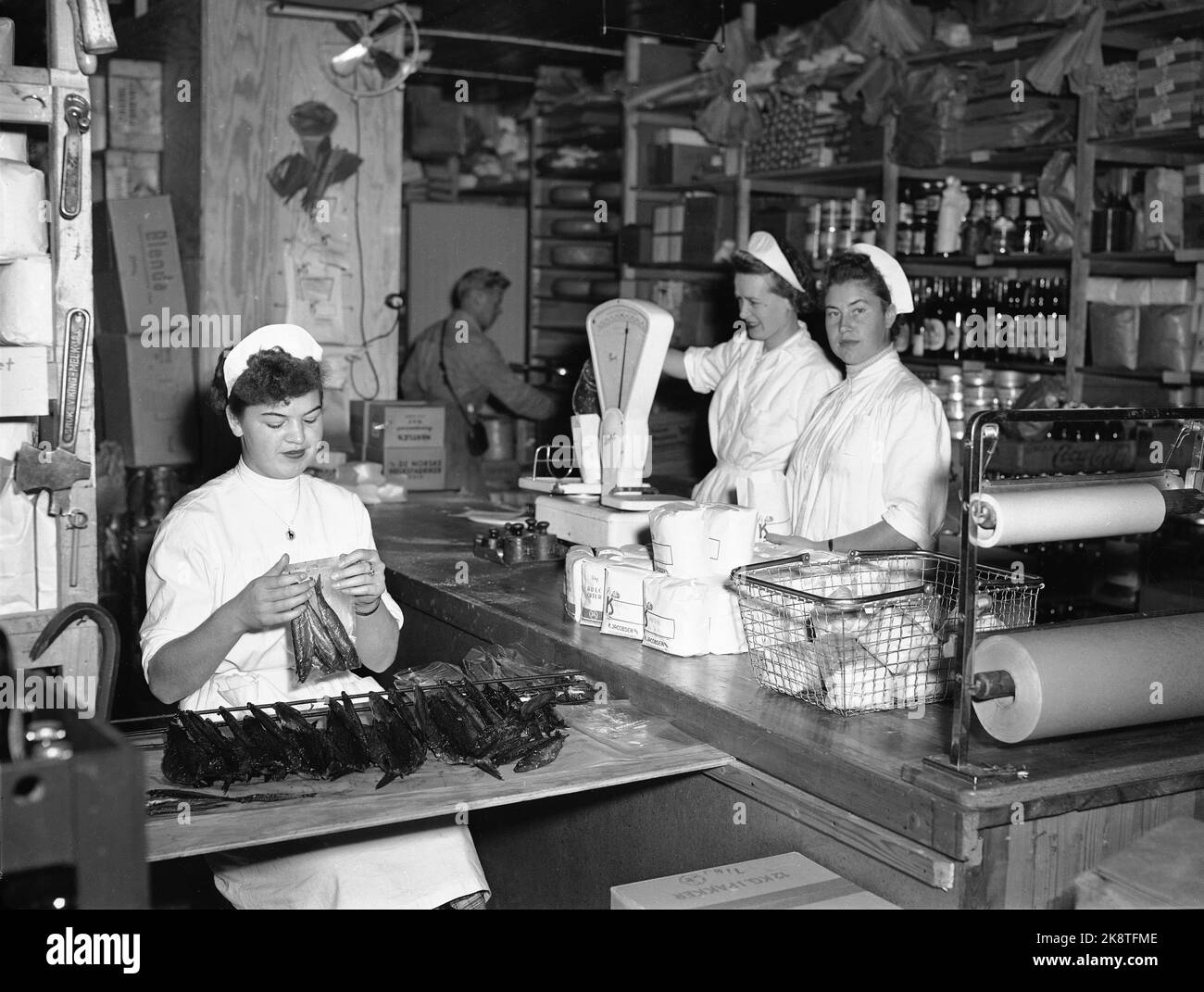 Oslo 19530918 interni di K. Jacobsen A/S Colonial e Carne. Negozio self-service a Oslo. Gli accelerati pesano la farina in sacchetti di chili. TV. Un Espeditrise che imballa pesce affumicato in sacchetti di plastica per il posizionamento nel disco self-service. Foto: NTB / NTB Foto Stock Oslo 19530918 interni di K. Jacobsen A/S Colonial e Carne. Negozio self-service a Oslo. Gli accelerati pesano la farina in sacchetti di chili. TV. Un Espeditrise che imballa pesce affumicato in sacchetti di plastica per il posizionamento nel disco self-service. Foto: NTB / NTB Foto Stock