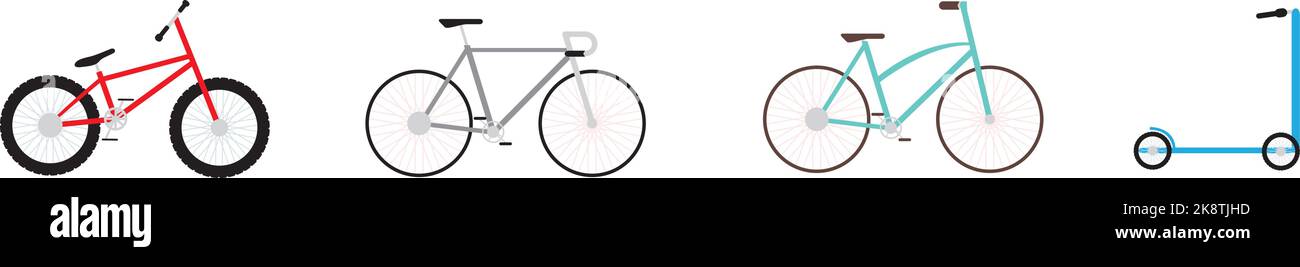 Una serie di biciclette e scooter isolati su uno sfondo bianco Illustrazione Vettoriale