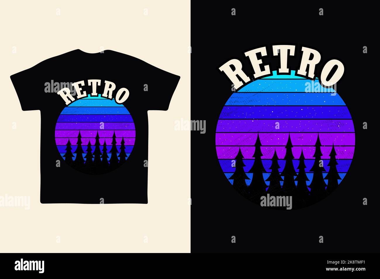 Una T-shirt d'epoca con la parola RETRÒ e un semplice paesaggio di una pineta di notte Illustrazione Vettoriale