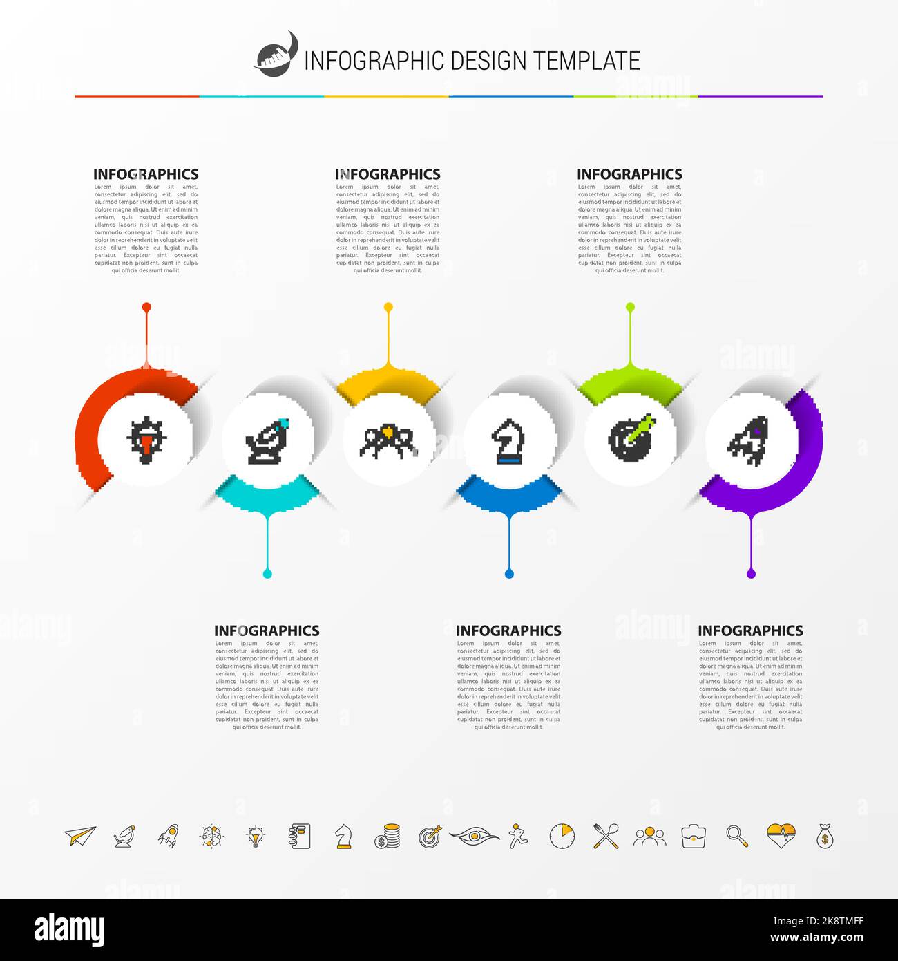 Modello di progettazione infografica. Concetto di timeline con 6 passi. Può essere utilizzato per il layout del flusso di lavoro, il diagramma, il banner, il webdesign. Illustrazione vettoriale Illustrazione Vettoriale