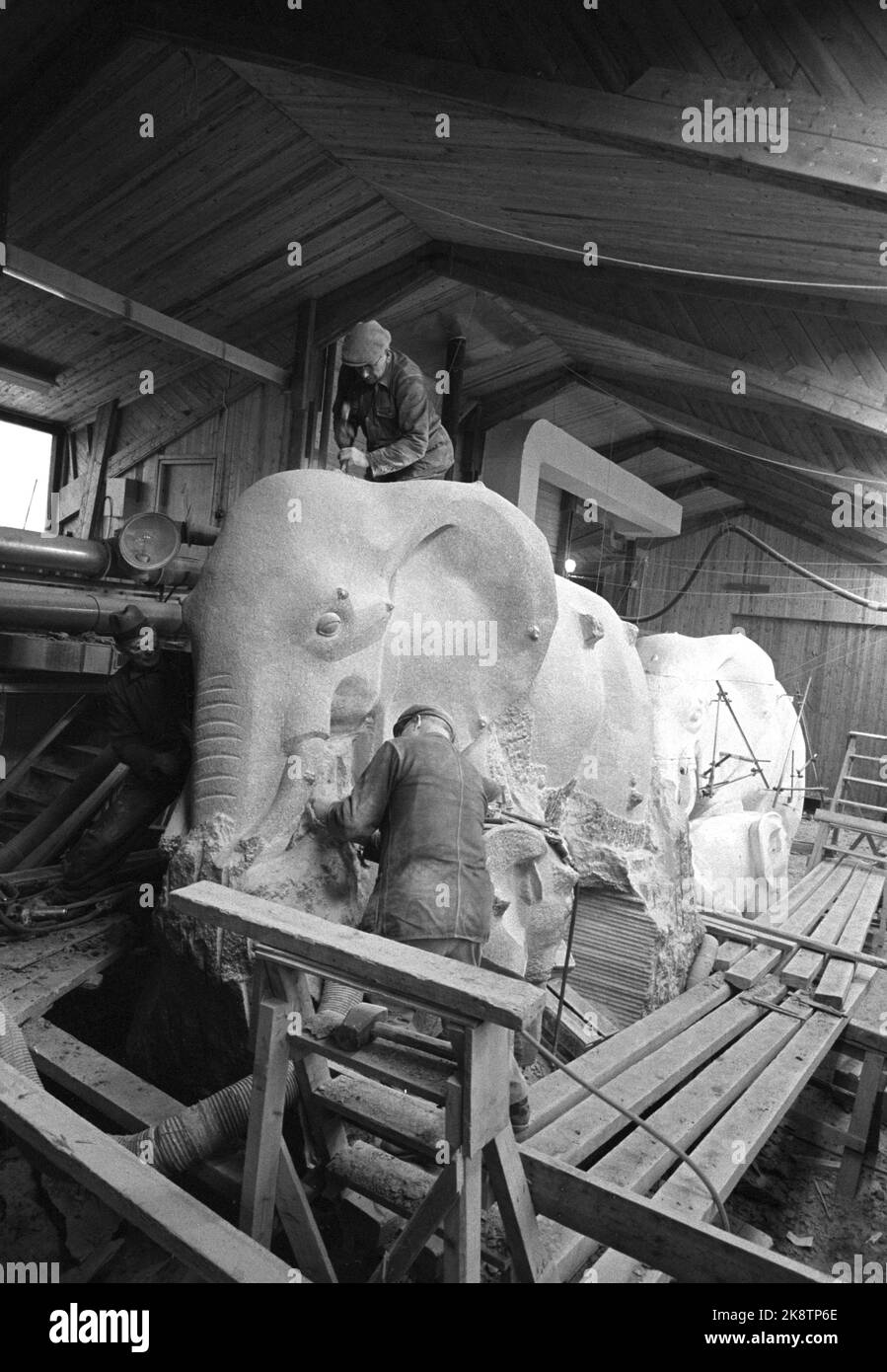 Oslo 1962 su scultura in pietra A/L, il laboratorio norvegese di accessori su Abildsø, un elefante con bambini cresce da un enorme masso. Il gruppo di elefanti sta andando ad un giardino zoologico in Philladelfia. Il peso è di 35 tonnellate - nuovo record americano. La pietra è da Tjølling a Larvik e pesato 100 tonnellate nel suo tempo. Foto: Ivar Aaserud / corrente / NTB Foto Stock