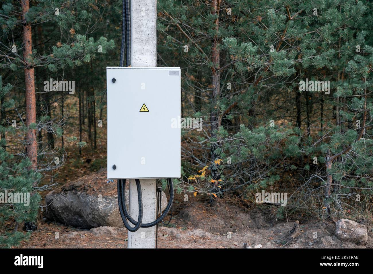 scatola elettrica in metallo su un palo. armadio elettrico di controllo su un palo Foto Stock