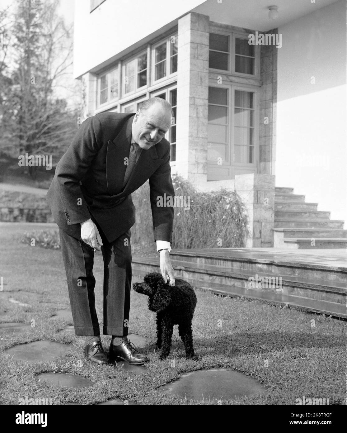 Asker 19630510 Re Olav fotografato a Skaugum in anticipo di 60 anni luglio 2. Foto all'aperto con un cane da barbetta nero, forse 'trolla'. Foto: NTB / NTB Foto Stock
