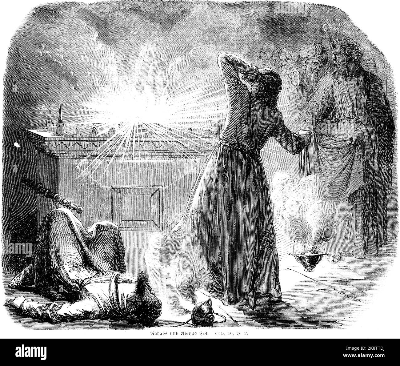 Nadab e Abihus, terzo Libro di Mosè Capitolo 10, versetto 2, bibbia, illustrazione storica 1850, Foto Stock