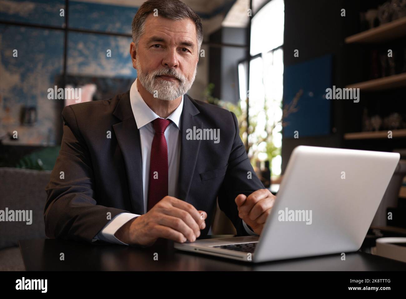 Uomo d'affari maturo che lavora su un computer portatile. Bel leader aziendale maturo in un ufficio moderno Foto Stock