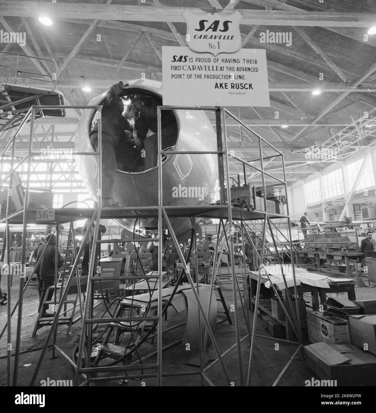 Tolosa, Francia 19580517 qui, SAS è costruito il nuovo aereo, Caravelle. Deve essere in grado di trasportare fino a 70 passeggeri e avere una velocità di crociera di 800 km al giorno. Ora a 12.000 metri di altezza. SAS ne ha ordinate sei, con diritti preventivi su altre 19 macchine. Foto; Sverre A. Børretzen / corrente / NTB Foto Stock