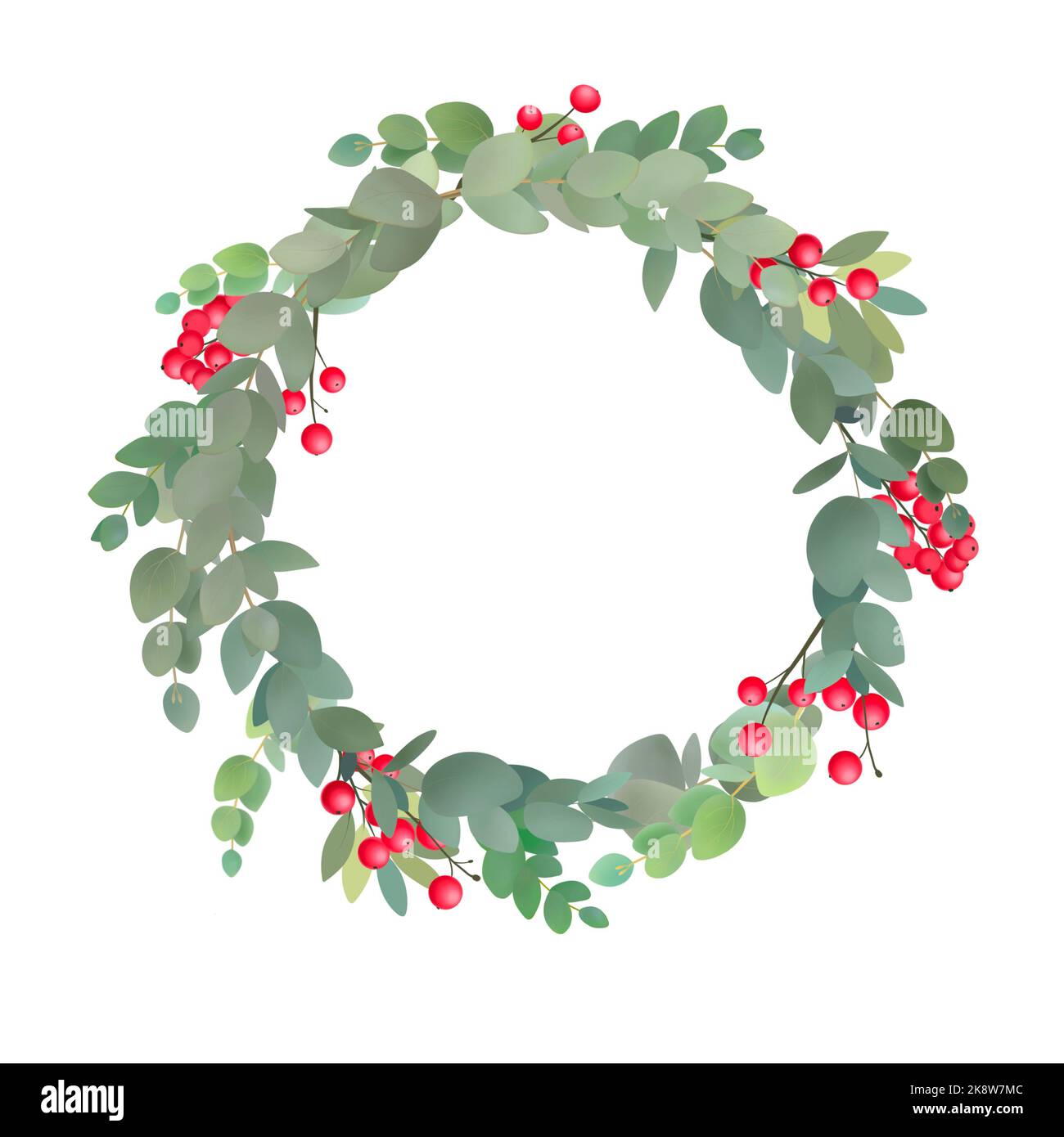 Corona decorativa natalizia con bacche bianche e rosse invernali su fondo scuro. Illustrazione botanica disegnata a mano. Telaio rotondo con piante invernali Foto Stock