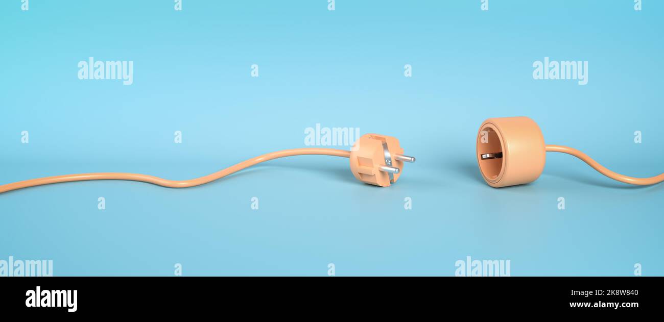 Concetto di blackout o interruzione: Connettore maschio e femmina separati su sfondo blu Foto Stock