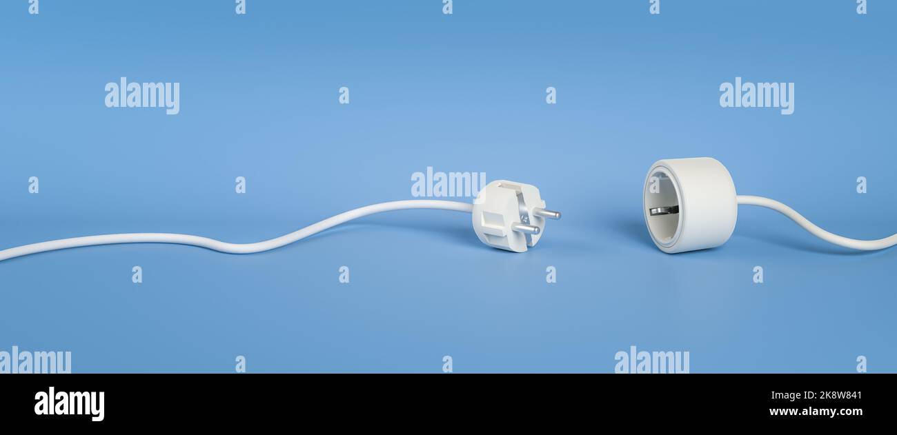 Concetto di blackout o interruzione: Connettore maschio e femmina separati in bianco su sfondo blu Foto Stock
