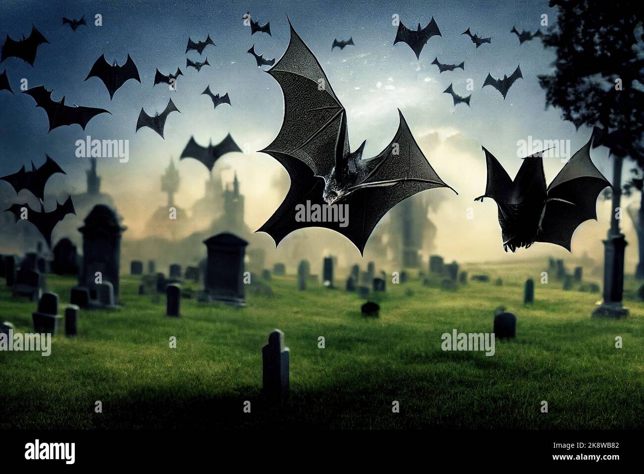 Un'invasione di pipistrelli vampiri vola sopra un cimitero scuro nella notte di Halloween mentre la luna piena lo illumina. Illustrazione 3D. Foto Stock