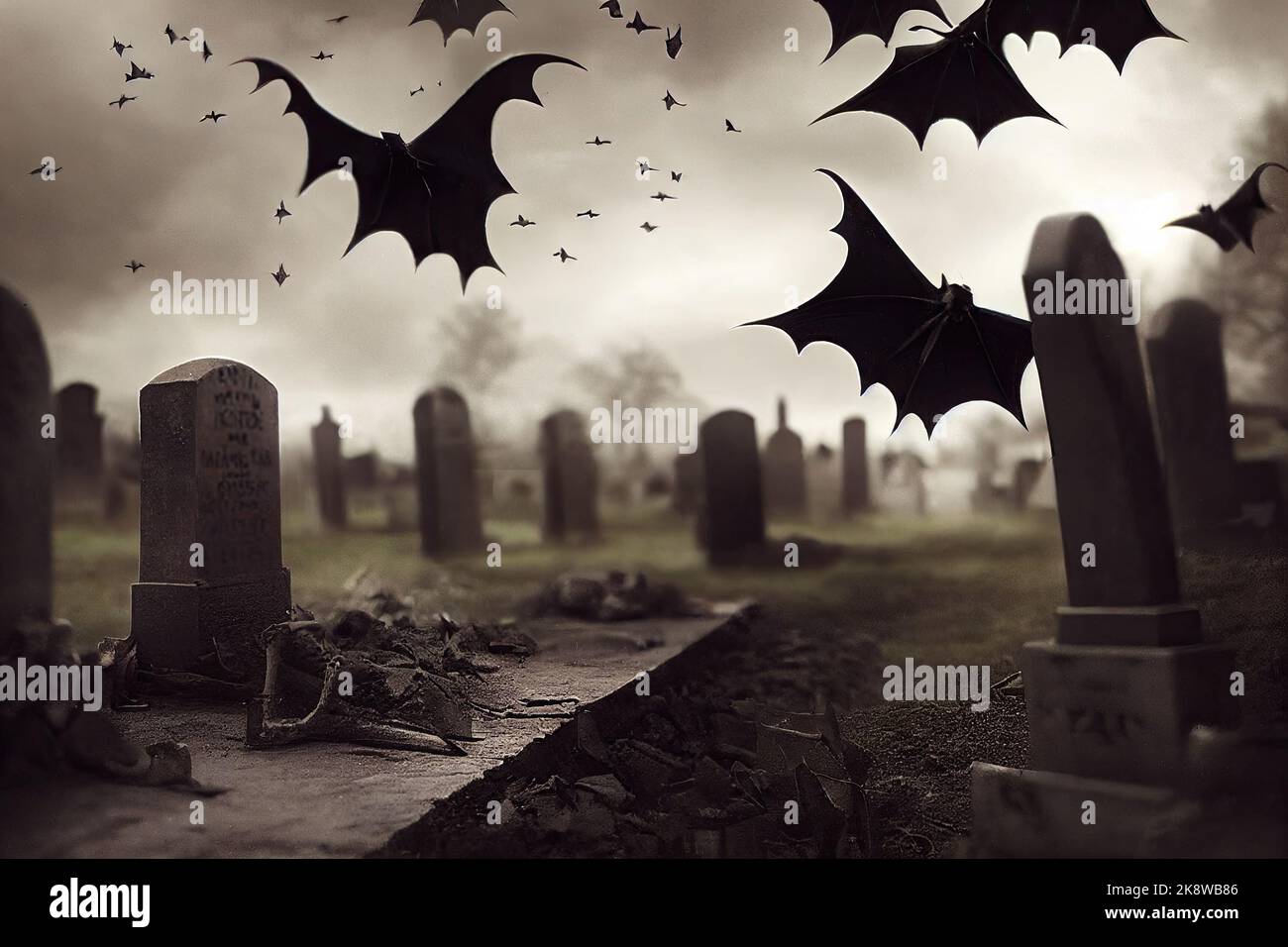 Un cimitero scuro sulla notte di Halloween è illuminato dalla luna piena e vampiri stanno volando. Illustrazione 3D. Tema vintage in bianco e nero Foto Stock