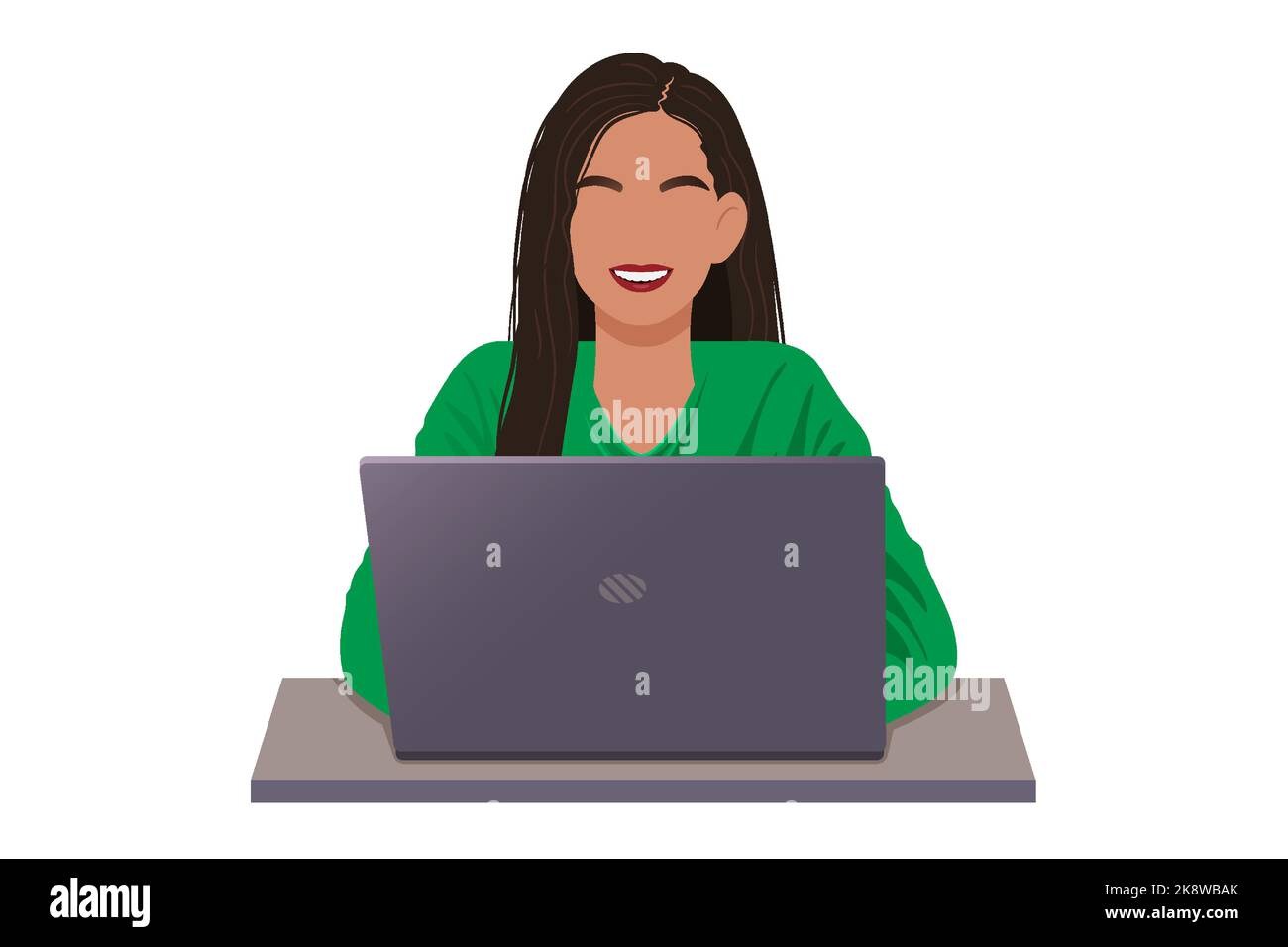 Sorridente ragazza asiatica in una blusa verde funziona mentre si siede a un computer portatile. Stile senza volto. Illustrazione vettoriale isolata su sfondo bianco Illustrazione Vettoriale