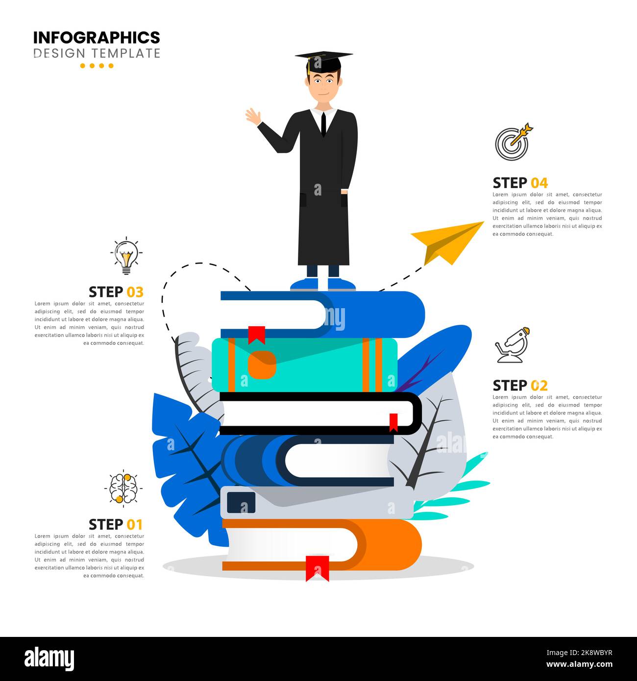 Modello di progettazione infografica. Concetto di istruzione con 4 passaggi. Può essere utilizzato per il layout del flusso di lavoro, il diagramma, il banner, il webdesign. Illustrazione vettoriale Illustrazione Vettoriale