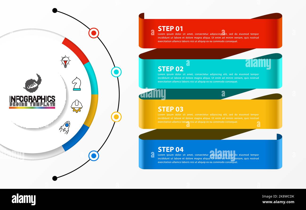 Modello di progettazione infografica. Concetto creativo in 4 fasi. Può essere utilizzato per il layout del flusso di lavoro, il diagramma, il banner, il webdesign. Illustrazione vettoriale Illustrazione Vettoriale