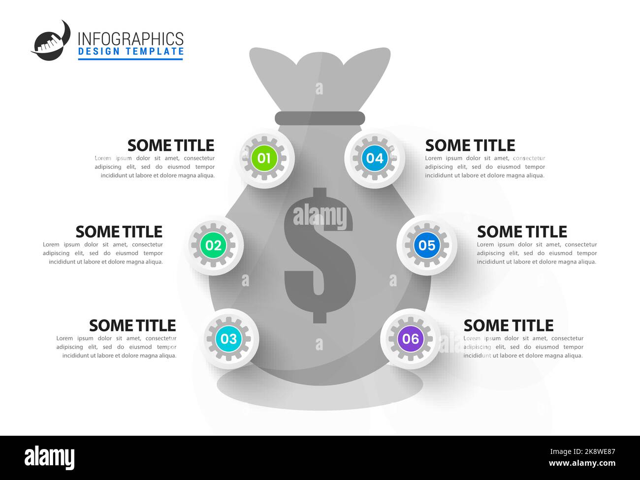 Modello di progettazione infografica. Concetto creativo in 6 fasi. Può essere utilizzato per il layout del flusso di lavoro, il diagramma, il banner, il webdesign. Illustrazione vettoriale Illustrazione Vettoriale