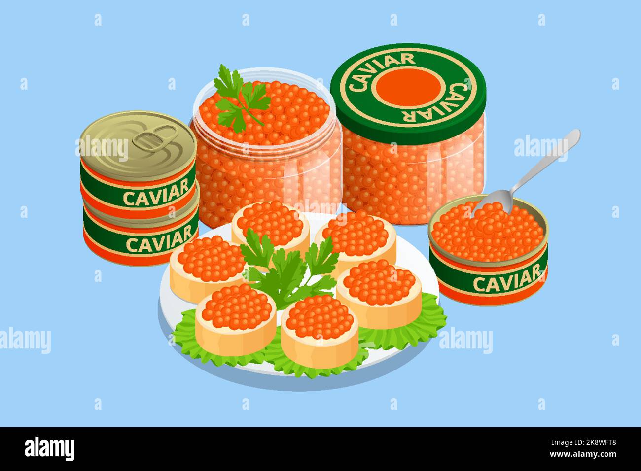 Lattina isometrica di caviale di salmone chum e panino. Vaso di vetro con caviale di salmone chum grande, caviale in una lattina. Cibo sano, frutti di mare. Illustrazione Vettoriale