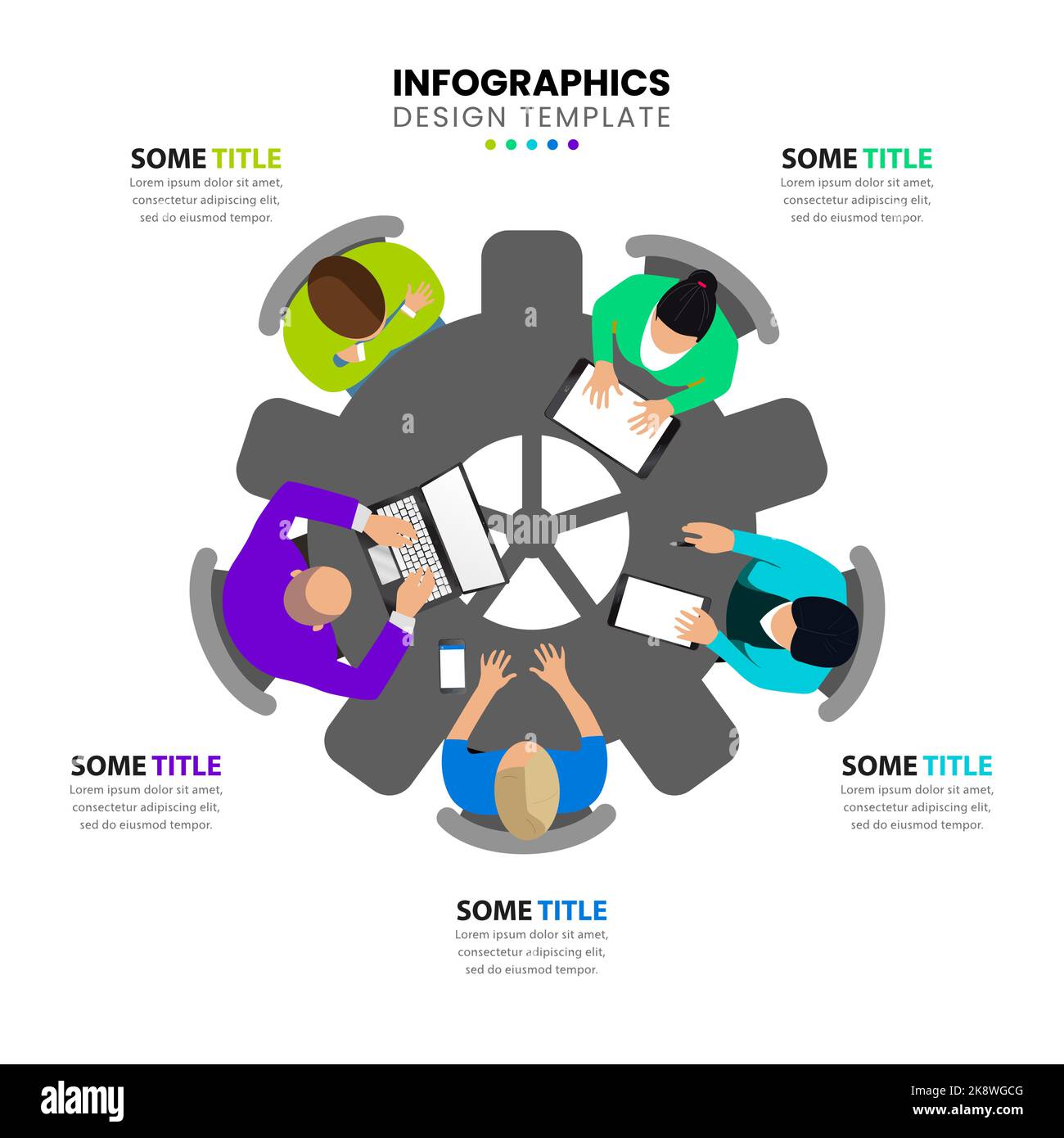 Modello di progettazione infografica. Concetto creativo in 5 fasi. Può essere utilizzato per il layout del flusso di lavoro, il diagramma, il banner, il webdesign. Illustrazione vettoriale Illustrazione Vettoriale