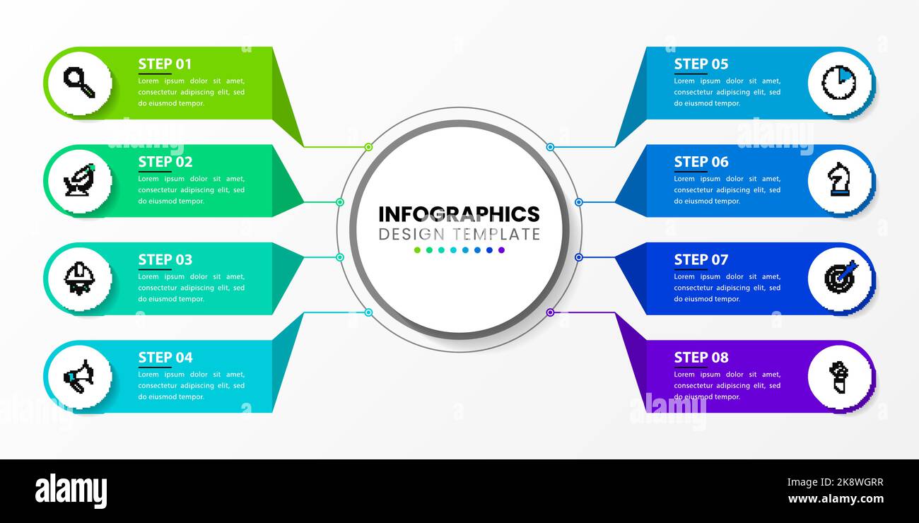 Modello di progettazione infografica. Concetto creativo in 8 fasi. Può essere utilizzato per il layout del flusso di lavoro, il diagramma, il banner, il webdesign. Illustrazione vettoriale Illustrazione Vettoriale