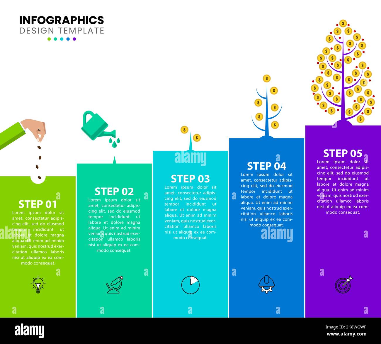 Modello di progettazione infografica. Concetto creativo in 5 fasi. Può essere utilizzato per il layout del flusso di lavoro, il diagramma, il banner, il webdesign. Illustrazione vettoriale Illustrazione Vettoriale