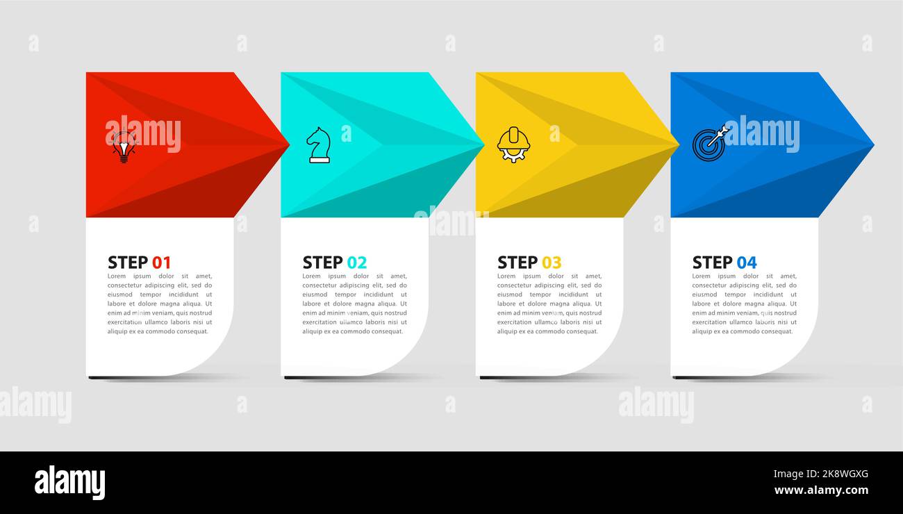 Modello infografico con icone e 4 opzioni o passaggi. Può essere utilizzato per il layout del flusso di lavoro, il diagramma, il banner, il webdesign. Illustrazione vettoriale Illustrazione Vettoriale