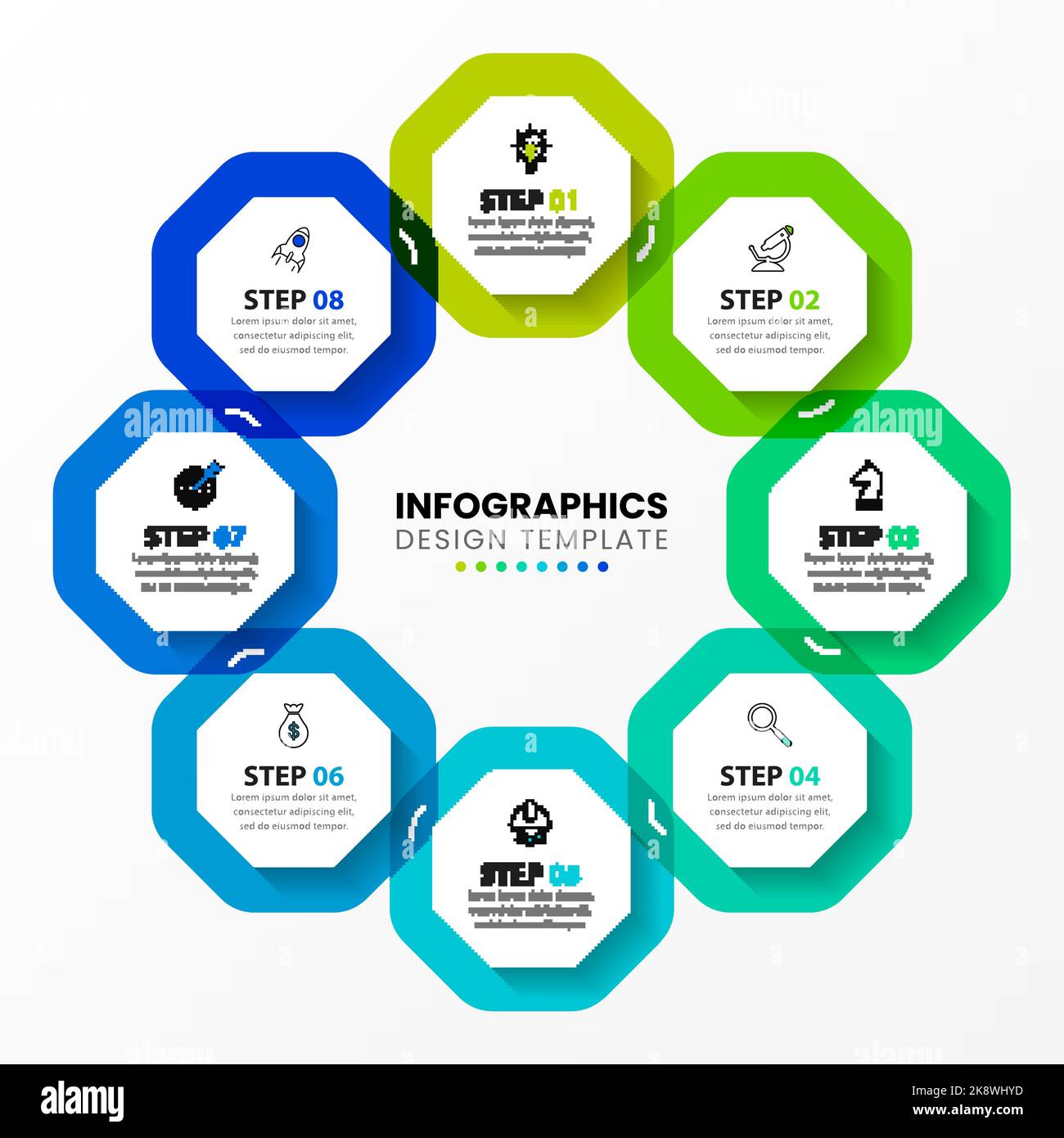 Modello di progettazione infografica. Concetto creativo in 8 fasi. Può essere utilizzato per il layout del flusso di lavoro, il diagramma, il banner, il webdesign. Illustrazione vettoriale Illustrazione Vettoriale