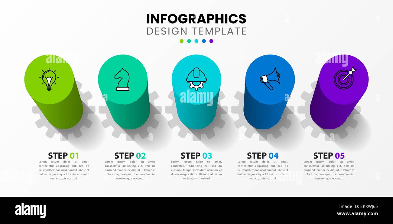 Modello di progettazione infografica. Concetto creativo in 5 fasi. Può essere utilizzato per il layout del flusso di lavoro, il diagramma, il banner, il webdesign. Illustrazione vettoriale Illustrazione Vettoriale