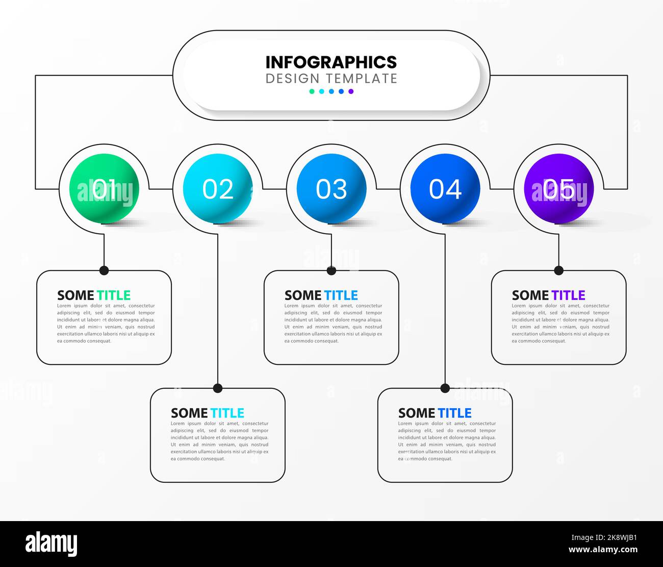 Modello infografico con 5 opzioni o passaggi. Può essere utilizzato per il layout del flusso di lavoro, il diagramma, il banner, il webdesign. Illustrazione vettoriale Illustrazione Vettoriale