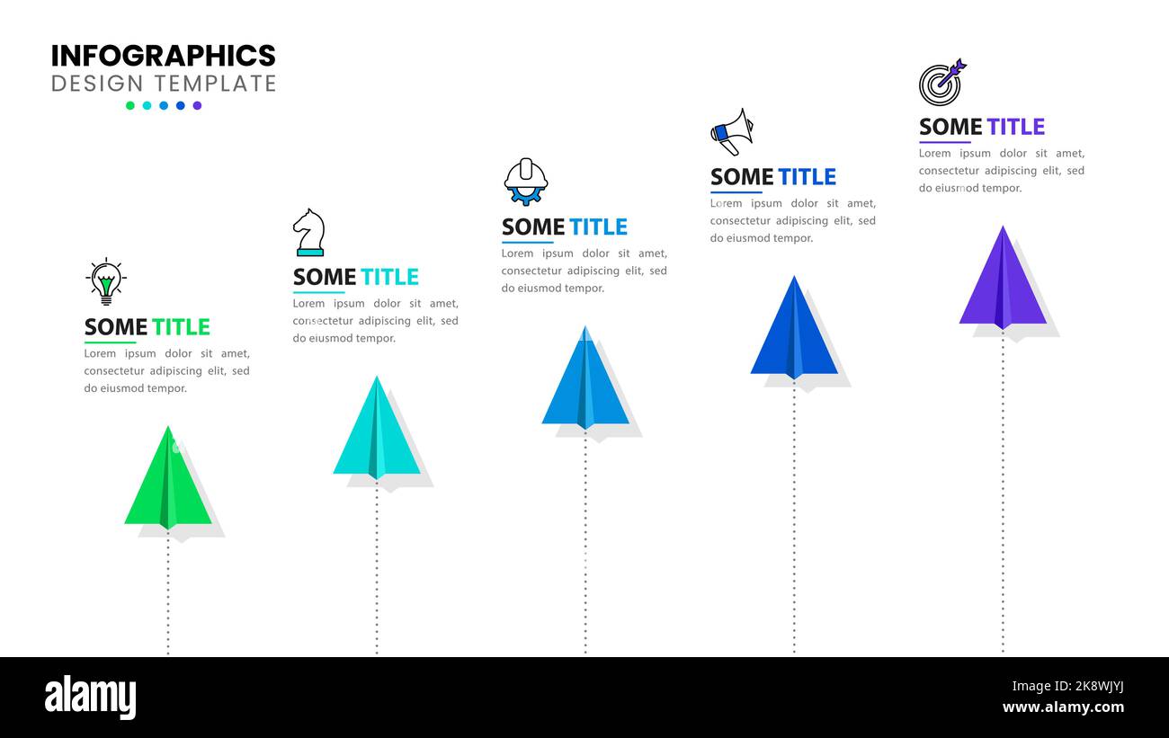 Modello infografico con icone e 5 opzioni o passaggi. Piani di carta. Può essere utilizzato per il layout del flusso di lavoro, il diagramma, il banner, il webdesign. Illustrazione vettoriale Illustrazione Vettoriale