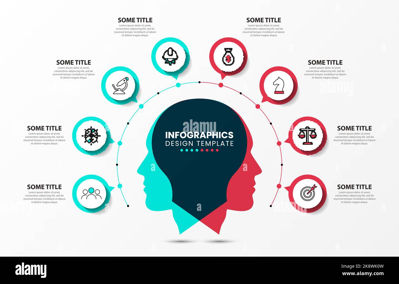 Modello infografico con icone e 8 opzioni o passaggi. Due facce. Può essere utilizzato per il layout del flusso di lavoro, il diagramma, il banner, il webdesign. Illustrazione vettoriale Illustrazione Vettoriale