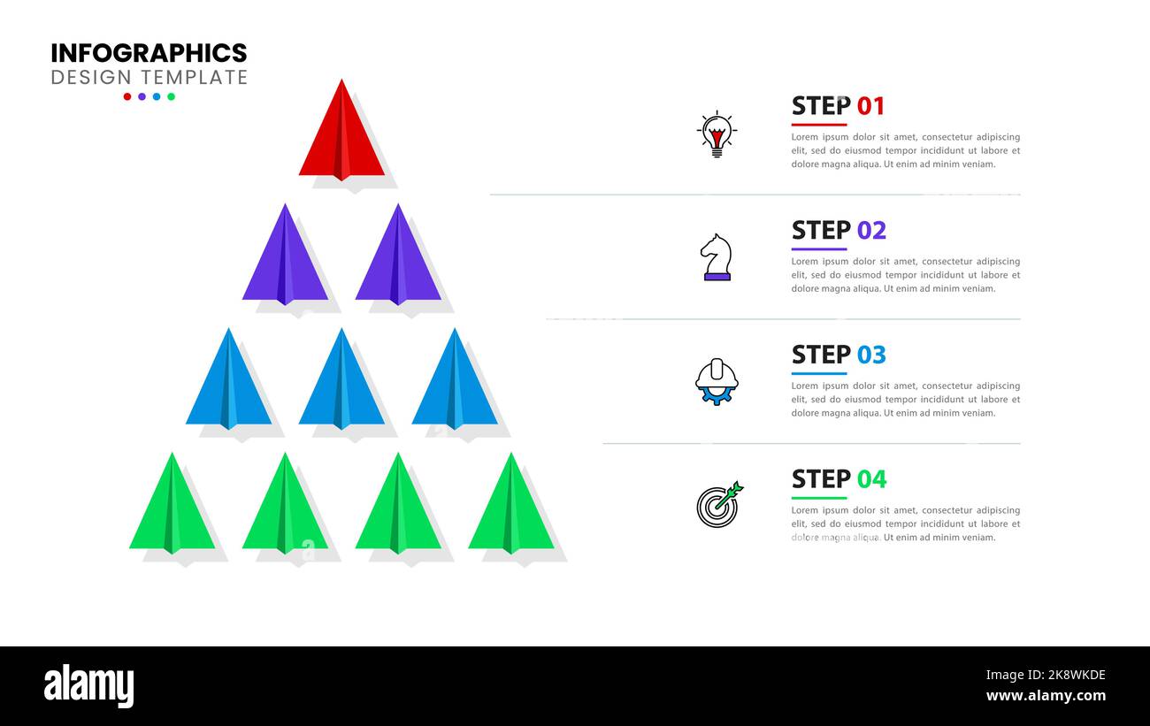 Modello infografico con icone e 4 opzioni o passaggi. Piramide. Può essere utilizzato per il layout del flusso di lavoro, il diagramma, il banner, il webdesign. Illustrazione vettoriale Illustrazione Vettoriale