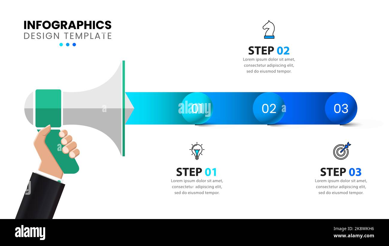 Modello infografico con icone e 3 opzioni o passaggi. Megafono. Può essere utilizzato per il layout del flusso di lavoro, il diagramma, il banner, il webdesign. Illustrazione vettoriale Illustrazione Vettoriale