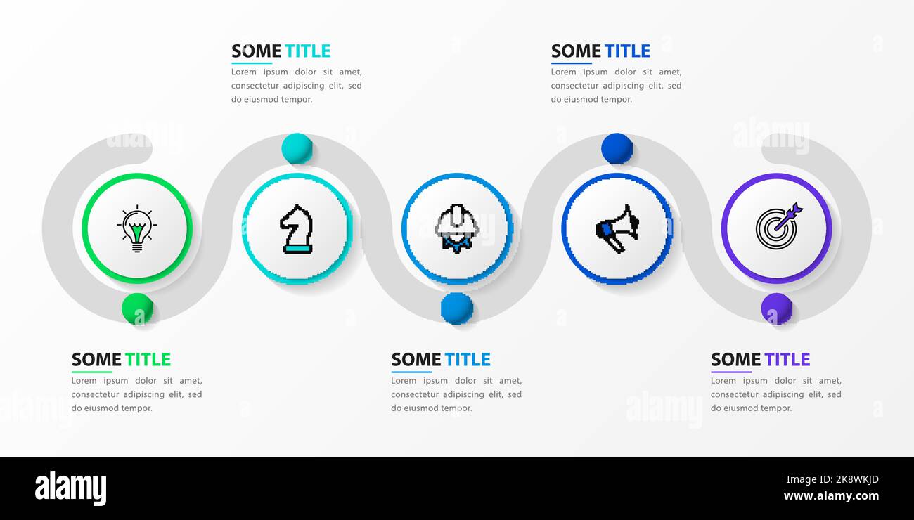 Modello infografico con icone e 5 opzioni o passaggi. Timeline. Può essere utilizzato per il layout del flusso di lavoro, il diagramma, il banner, il webdesign. Illustrazione vettoriale Illustrazione Vettoriale