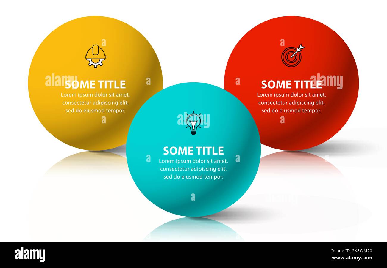 Modello infografico con icone e 3 opzioni o passaggi. Sfere. Può essere utilizzato per il layout del flusso di lavoro, il diagramma, il banner, il webdesign. Illustrazione vettoriale Illustrazione Vettoriale