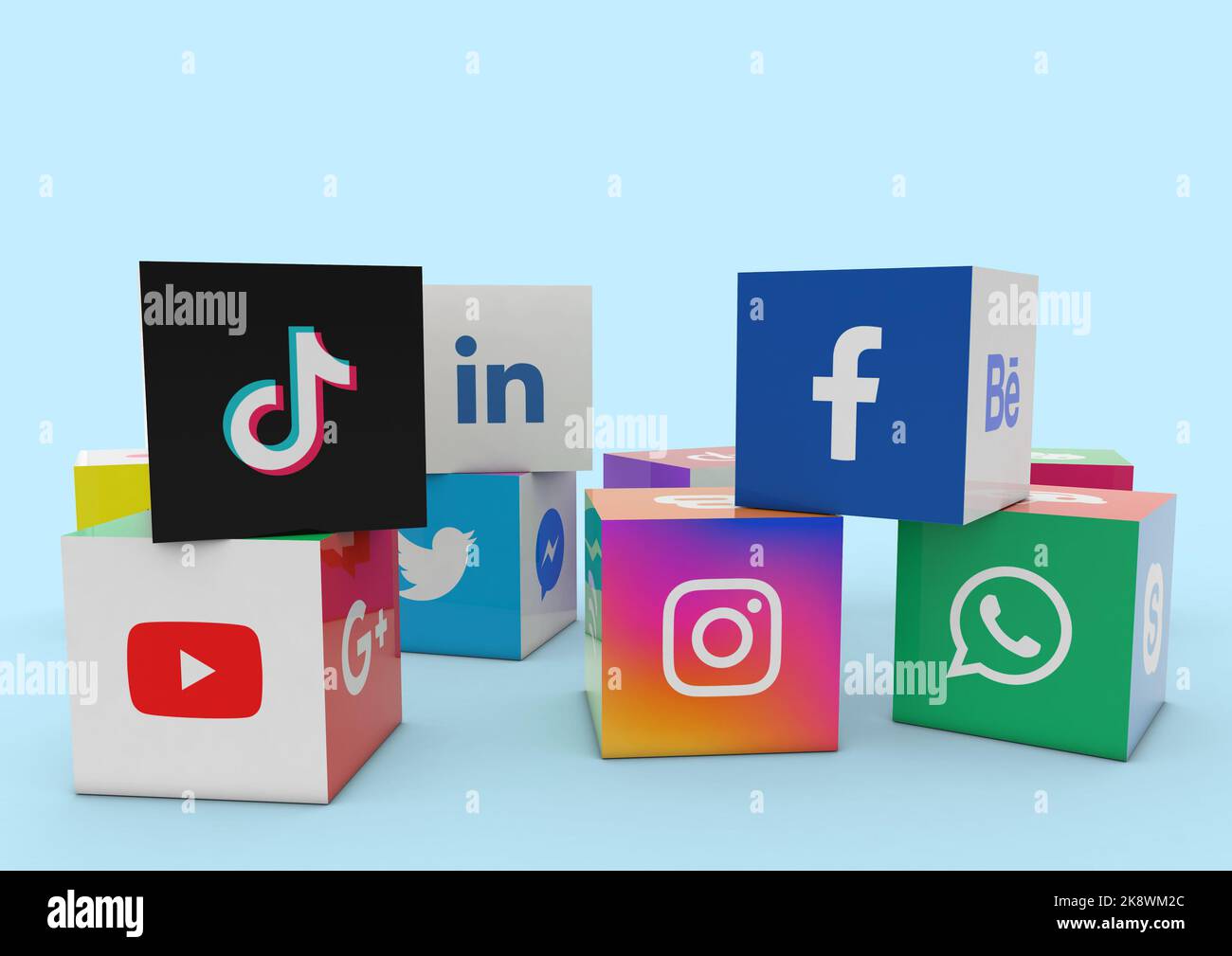 Sao Paulo, Brasile - 4 ottobre 2022: 3D Illustrazione Una collezione di cubi con loghi stampati di reti sociali di fama mondiale e messaggeri on-line su Foto Stock