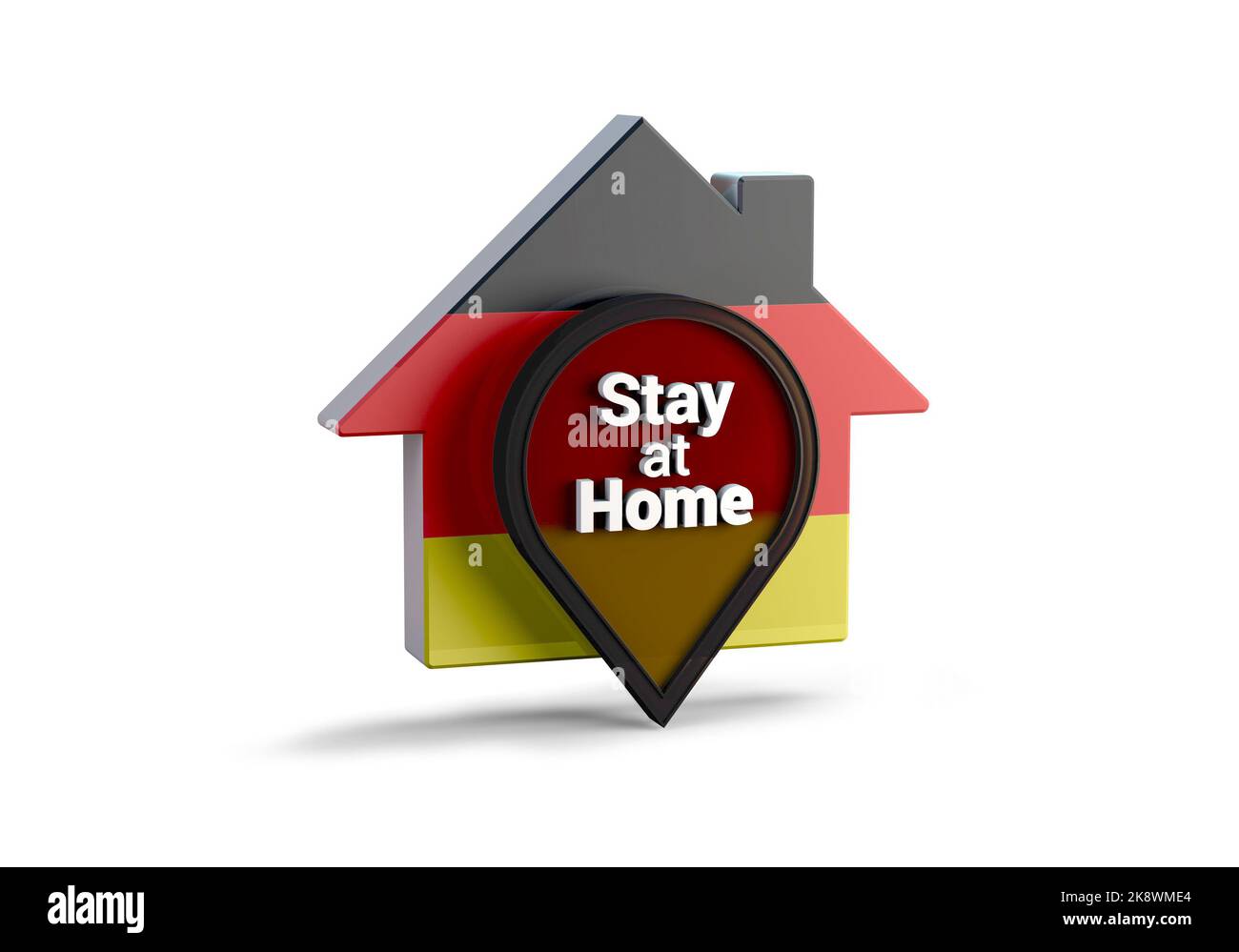 Un 3D illustrazione di una casa con la bandiera tedesca con la frase soggiorno a casa, proteggere da Coronavirus o epidemia di Covid-19. Foto Stock