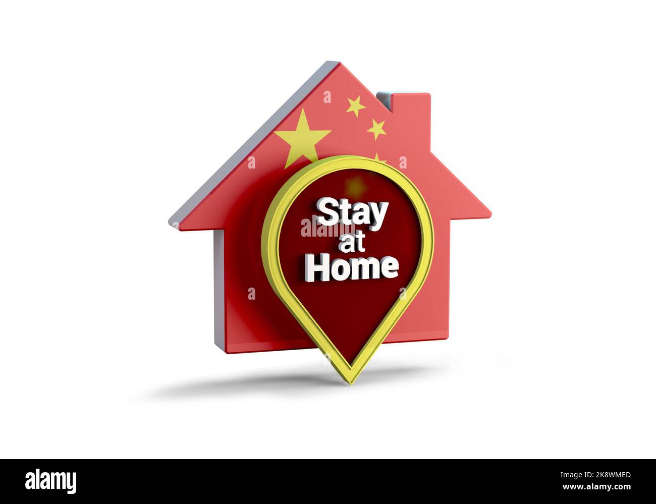 Un 3D illustrazione di una casa con la bandiera della Cina con la frase soggiorno a casa, proteggere da Coronavirus o epidemia di Covid-19. Foto Stock