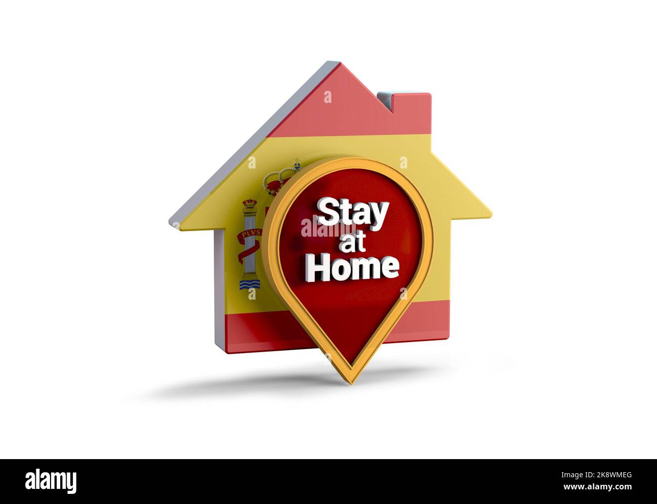 Un 3D illustrazione di una casa con la bandiera spagnola con la frase soggiorno a casa, proteggere da Coronavirus o epidemia di Covid-19. Foto Stock