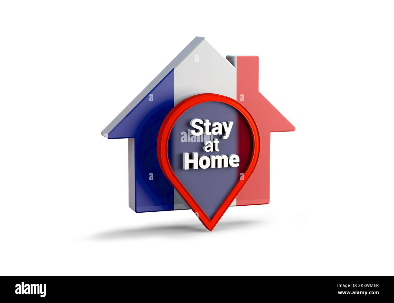 Un 3D illustrazione di una casa con la bandiera della Francia con la frase soggiorno a casa, proteggere da Coronavirus o epidemia di Covid-19. Foto Stock