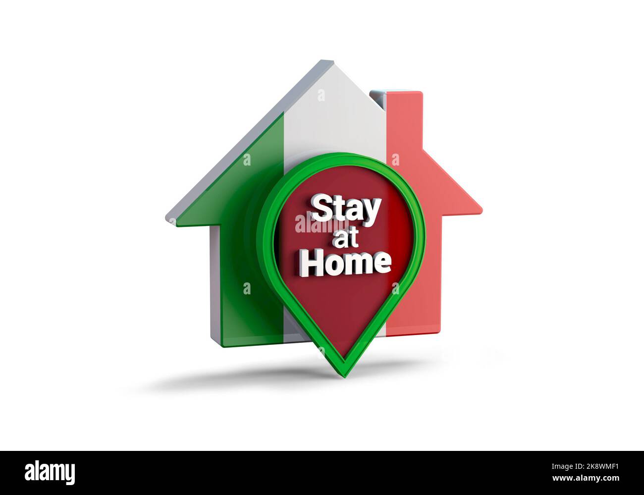 Un 3D illustrazione di una casa con la bandiera italiana con la frase soggiorno a casa, proteggere da Coronavirus o epidemia di Covid-19. Foto Stock