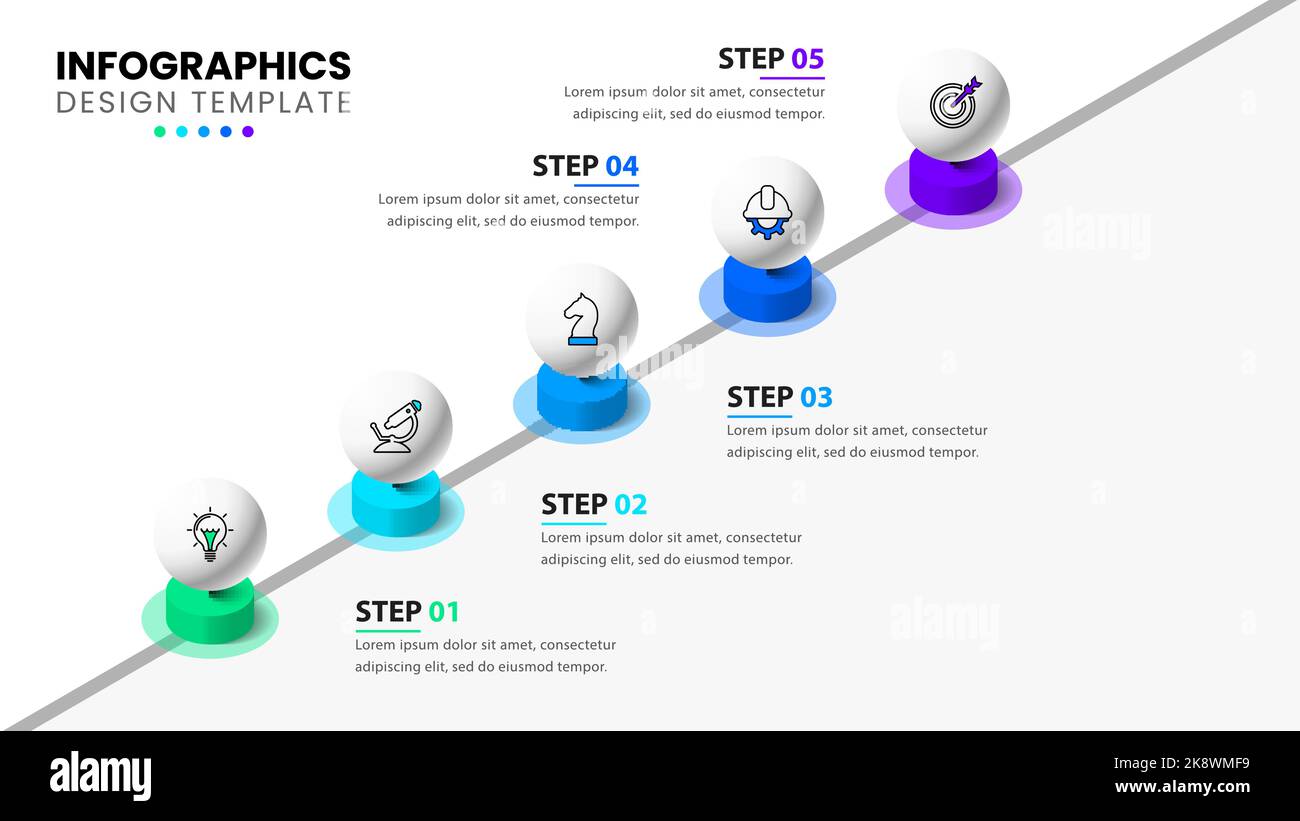 Modello infografico con icone e 5 opzioni o passaggi. Può essere utilizzato per il layout del flusso di lavoro, il diagramma, il banner, il webdesign. Illustrazione vettoriale Illustrazione Vettoriale