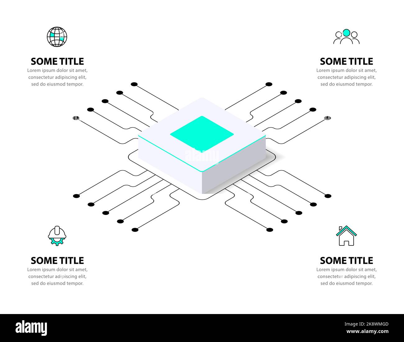 Modello infografico con icone e 4 opzioni o passaggi. Può essere utilizzato per il layout del flusso di lavoro, il diagramma, il banner, il webdesign. Illustrazione vettoriale Illustrazione Vettoriale