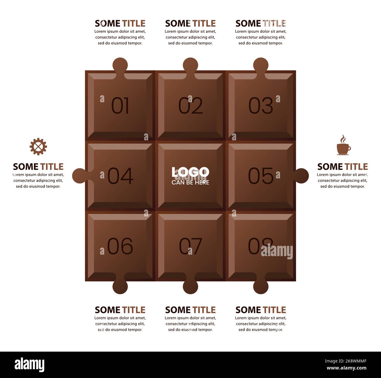 Modello infografico con icone e 8 opzioni o passaggi. Cioccolato. Può essere utilizzato per il layout del flusso di lavoro, il diagramma, il banner, il webdesign. Illustrazione vettoriale Illustrazione Vettoriale