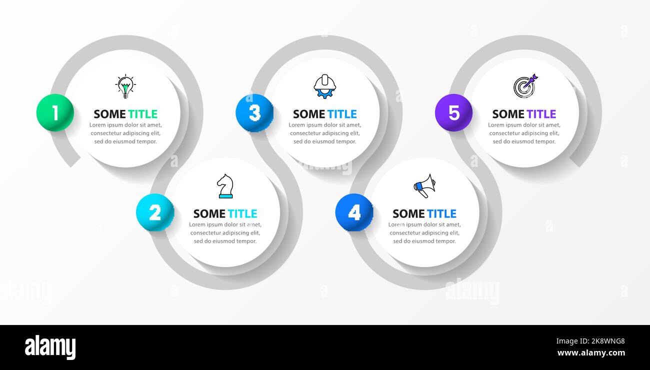 Modello infografico con icone e 5 opzioni o passaggi. Linea. Può essere utilizzato per il layout del flusso di lavoro, il diagramma, il banner, il webdesign. Illustrazione vettoriale Illustrazione Vettoriale