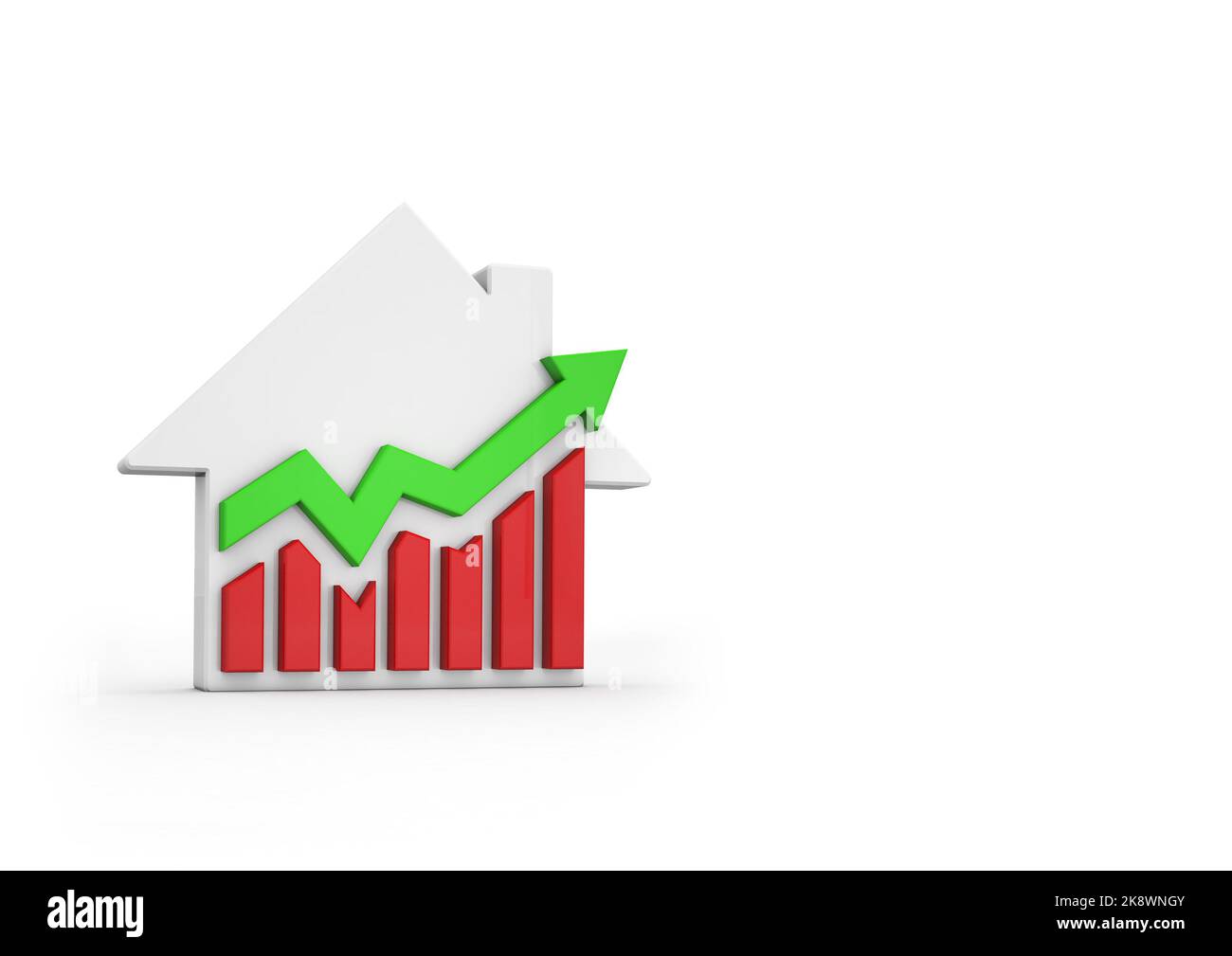 3D Illustrazione di una casa e grafica finanziaria investire in immobiliare. Affitto immobiliare. Acquisto di una casa o di un appartamento. Interessi finanziari. Foto Stock