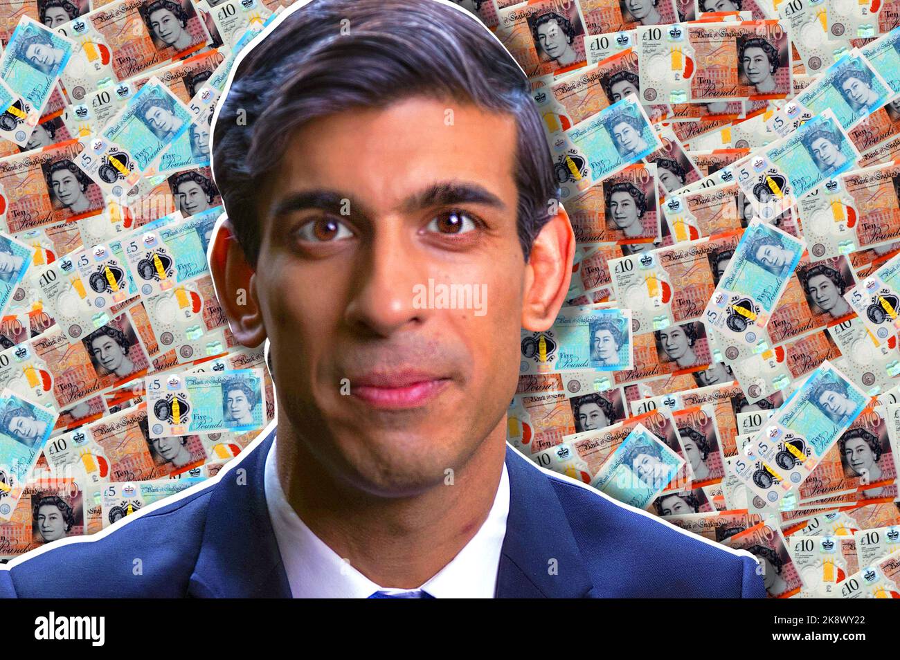 Rishi Sunak e banconote in sterline Foto Stock