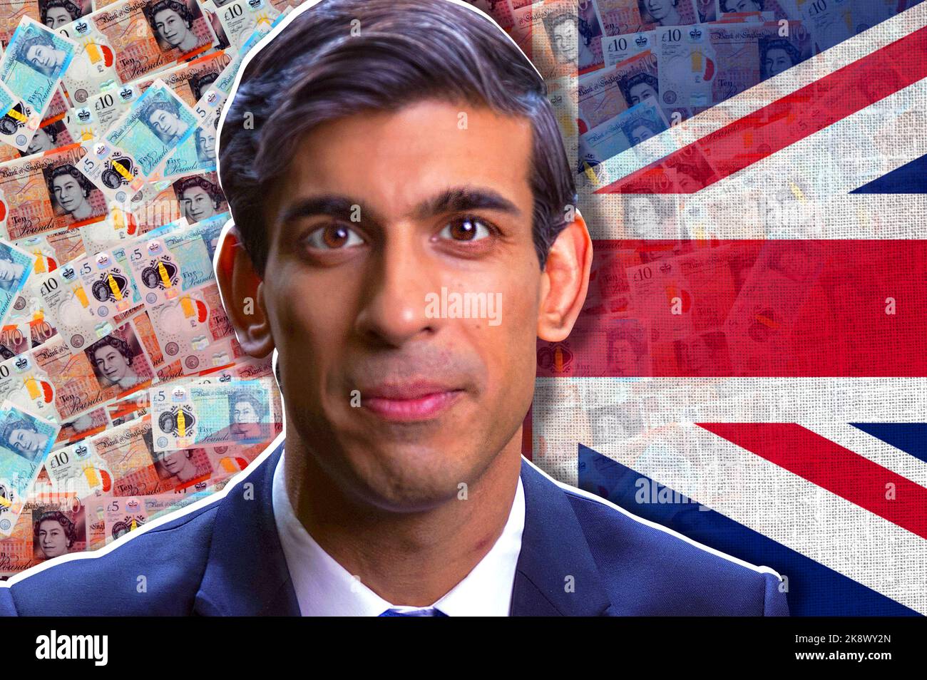 Rishi Sunak, banconote in contanti in sterline e bandiera britannica Foto Stock