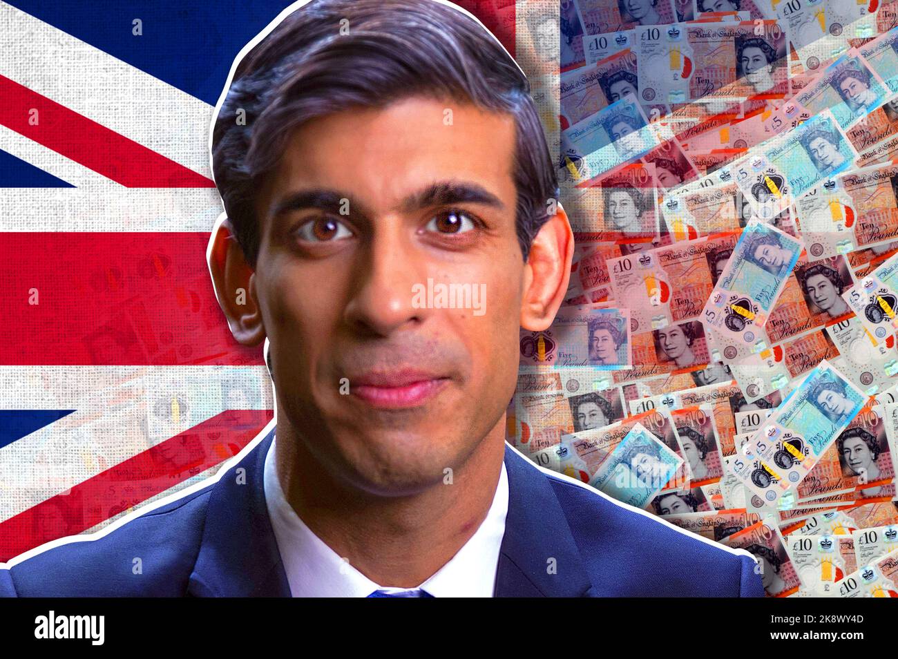 Rishi Sunak, banconote in contanti in sterline e bandiera britannica Foto Stock