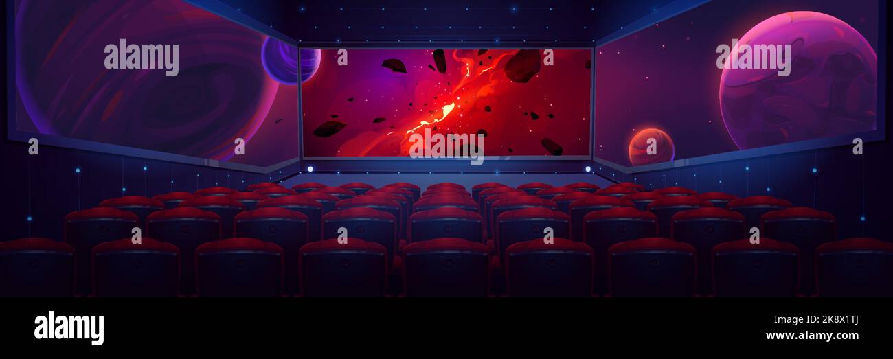 Cinema, sala cinema con ampio schermo e file di sedili rossi con vista posteriore. Interno vuoto con spazio galassia e pianeti scena sullo schermo, sedia schiena e illuminazione, Cartoon vettore illustrazione Illustrazione Vettoriale